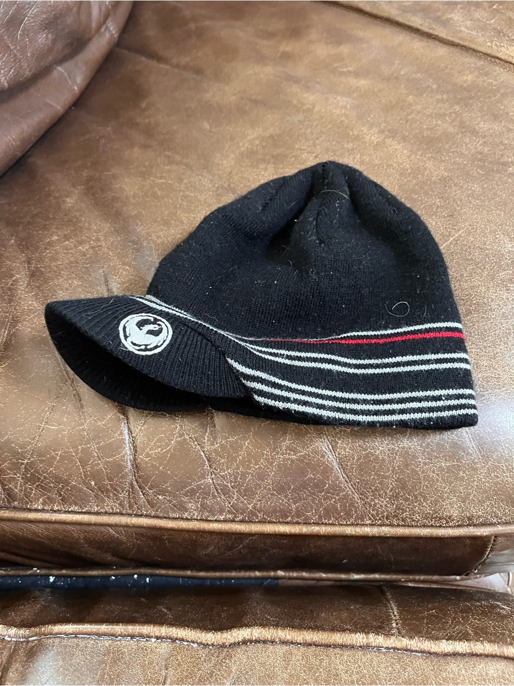 Black Knit Visor Beanie with Striped Brim